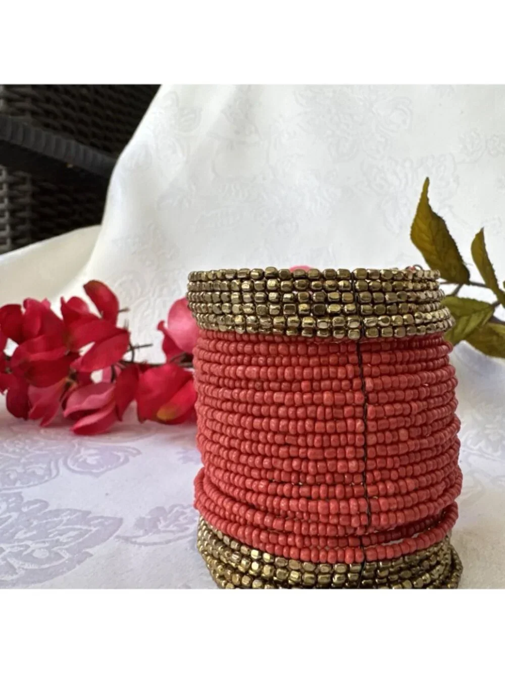 Chico's Bracelet Orange Seed Bead Goldtone Wide Cuff Bangle 3